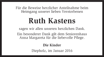Todesanzeige von Ruth Kastens von KRZ