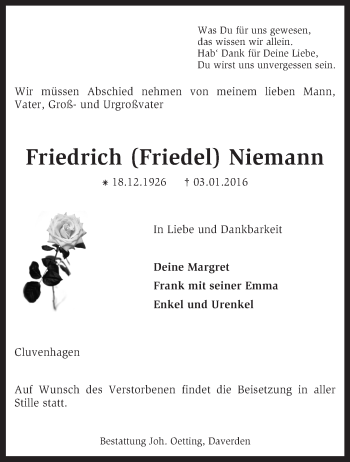 Todesanzeige von Friedrich  Niemann von KRZ