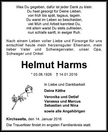 Todesanzeige von Helmut Harms von KRZ
