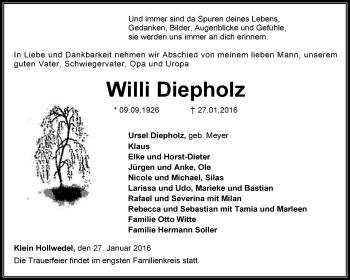 Todesanzeige von Willi Diepholz von KRZ