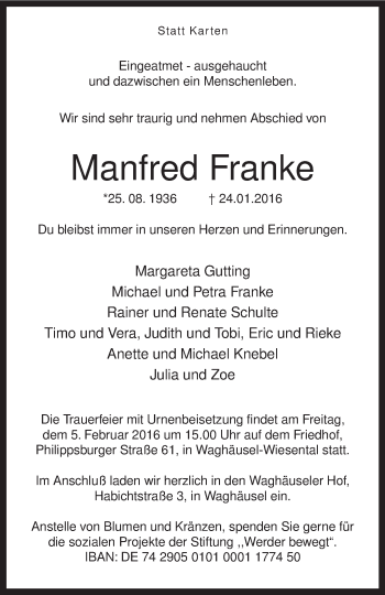Todesanzeige von Manfred Franke von KRZ