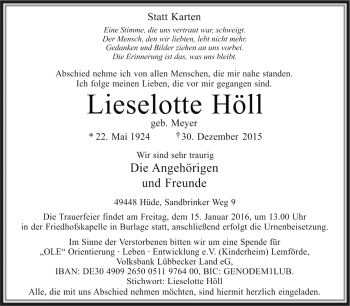 Todesanzeige von Lieselotte Höll von KRZ