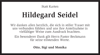 Todesanzeige von Hildegard Seidel von KRZ