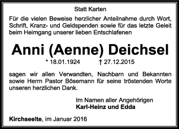 Todesanzeige von Anni Deichsel von KRZ