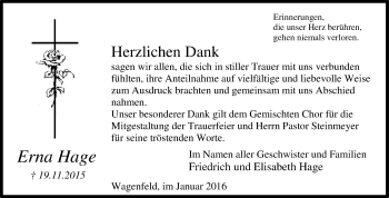 Todesanzeige von Erna Hage von KRZ