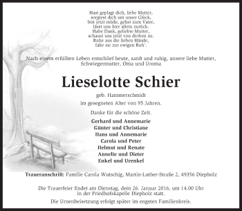 Todesanzeige von Lieselotte Schier von KRZ
