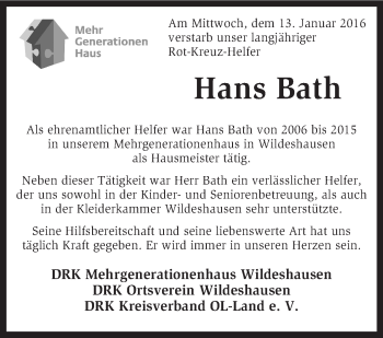 Todesanzeige von Hans Bath von KRZ
