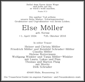 Todesanzeige von Else Möller von SYK