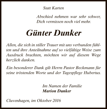 Todesanzeige von Günter Dunker von SYK