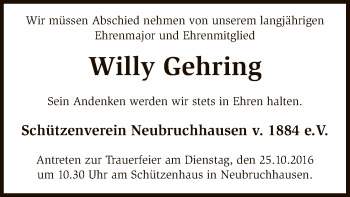 Todesanzeige von Willy Gehring von SYK