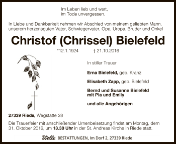 Todesanzeige von Christof Bielefeld von SYK