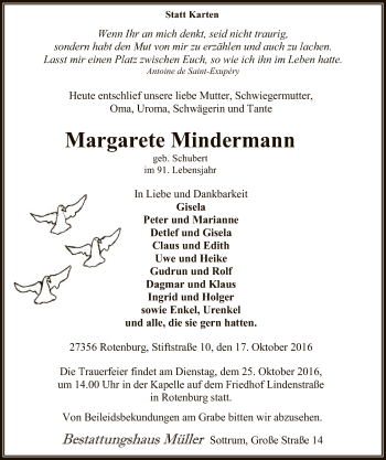 Todesanzeige von Margarete Mindermann von SYK