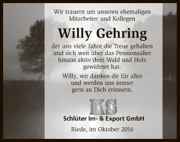 Todesanzeige von Willy Gehring von SYK