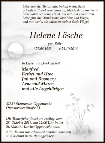 Todesanzeige von Helene Lösche von SYK