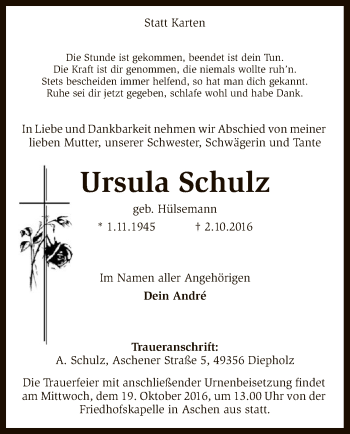 Todesanzeige von Ursula Schulz von SYK