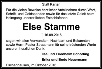 Todesanzeige von Else Stamme von SYK