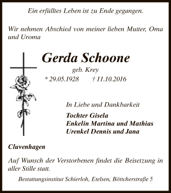 Todesanzeige von Gerda Schoone von SYK
