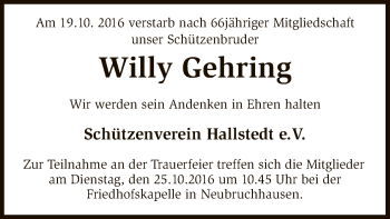 Todesanzeige von Willy Gehring von SYK