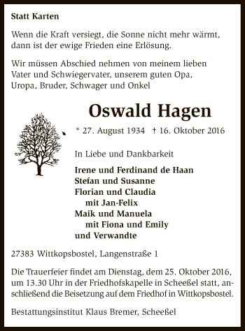 Todesanzeige von Oswald Hagen von SYK