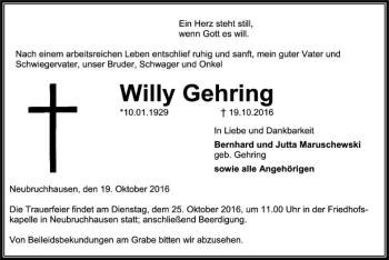 Todesanzeige von Willy Gehring von SYK