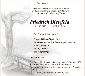 Todesanzeige von Friedrich Bielefeld von SYK