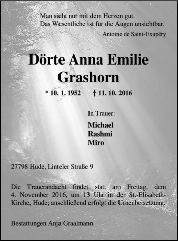 Todesanzeige von Dörte Anna Emilie Grashorn von SYK