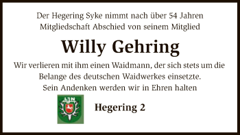 Todesanzeige von Willy Gehring von SYK