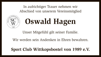 Todesanzeige von Oswald Hagen von SYK