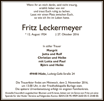 Todesanzeige von Fritz Leckermeyer von SYK