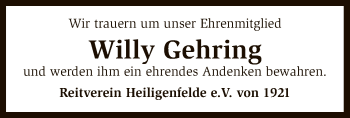Todesanzeige von Willy Gehring von SYK