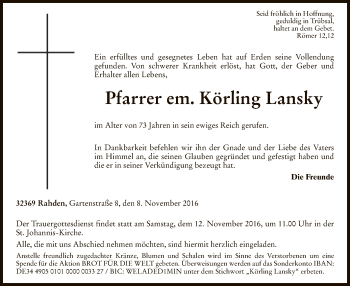 Todesanzeige von Körling Lansky von SYK