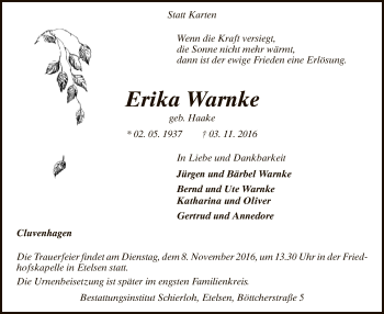 Todesanzeige von Erika Warnke von SYK
