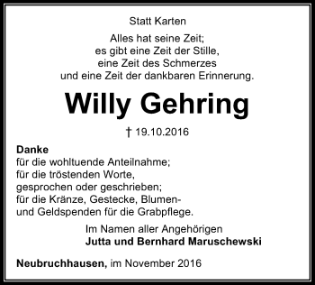 Todesanzeige von Willy Gehring von SYK