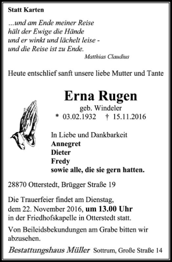 Todesanzeige von Erna Rugen von SYK