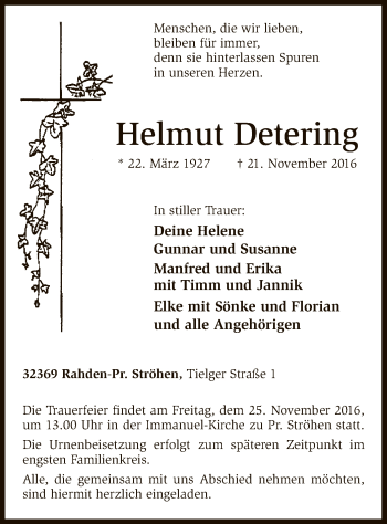 Todesanzeige von Helmut Detering von SYK