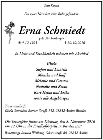 Todesanzeige von Erna Schmied von SYK