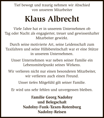 Todesanzeige von Klaus Albrecht von SYK