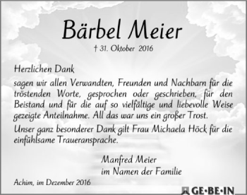 Todesanzeige von Bärbel Meier von Kreiszeitung