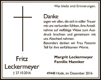 Todesanzeige von Fritz Leckermeyer von SYK