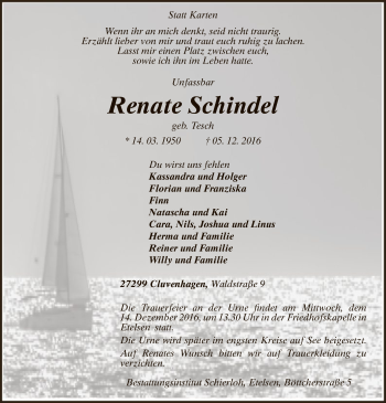 Todesanzeige von Renate Schindel von SYK