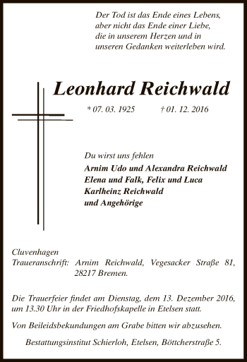 Todesanzeige von Leonhard Reichwald von SYK