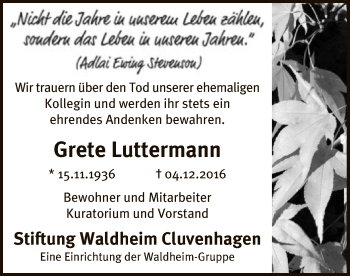 Todesanzeige von Grete Luttermann von SYK