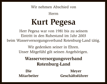 Todesanzeige von Kurt Pegesa von SYK