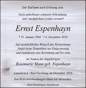 Todesanzeige von Ernst Espenhayn von SYK