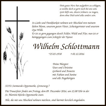 Todesanzeige von Wilhelm Schlottmann von SYK