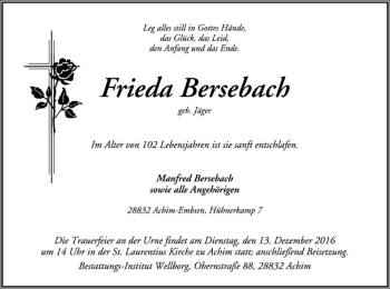 Todesanzeige von Frieda Bersebach von SYK