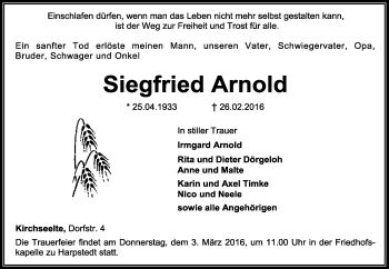 Todesanzeige von Siegfried Arnold von KRZ
