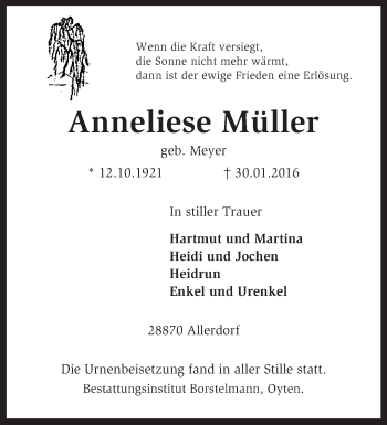 Todesanzeige von Anneliese Müller von KRZ