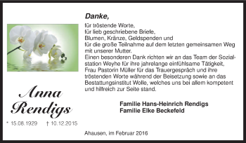 Todesanzeige von Anna Rendigs von KRZ