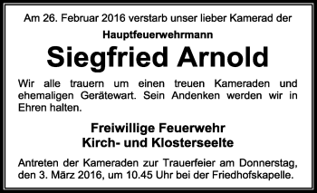 Todesanzeige von Siegfried Arnold von KRZ
